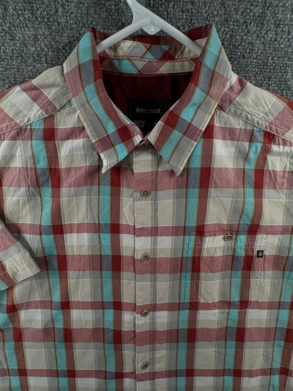 Marmot Short Sleeve Large Red Plaid Button Up Shirt Hiking Outdoors Wicking